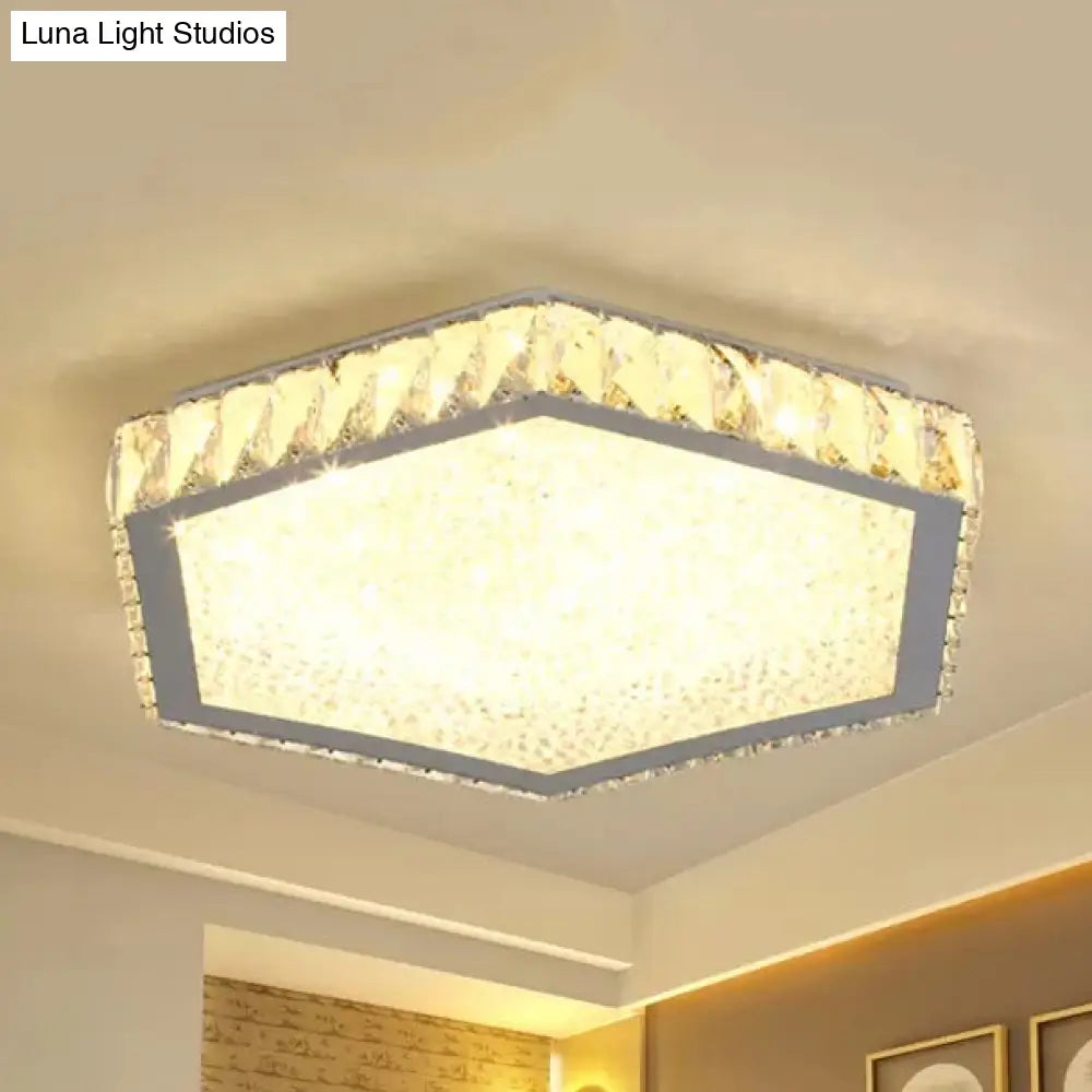 Stylish Hexagon Ceiling Mount Light With Clear Crystals - Perfect For Foyers White / Warm