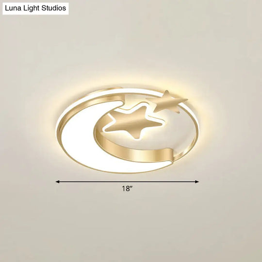 Stylish Kids Crescent And Star Metal Ceiling Light Fixture For Bedroom - Flush Mount Lamp With Ring