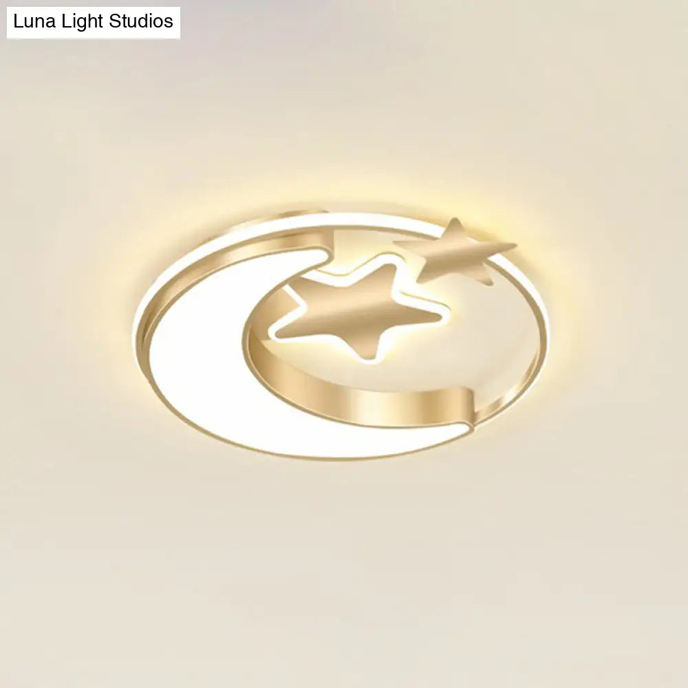 Stylish Kids Crescent And Star Metal Ceiling Light Fixture For Bedroom - Flush Mount Lamp With Ring