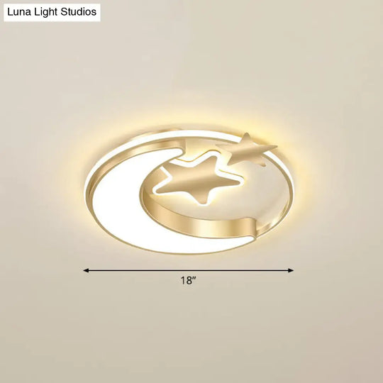 Stylish Kids Crescent And Star Metal Ceiling Light Fixture For Bedroom - Flush Mount Lamp With Ring