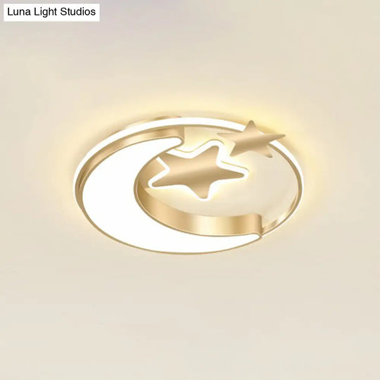 Stylish Kids Crescent And Star Metal Ceiling Light Fixture For Bedroom - Flush Mount Lamp With Ring