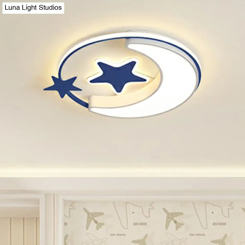 Stylish Kids Crescent And Star Metal Ceiling Light Fixture For Bedroom - Flush Mount Lamp With Ring