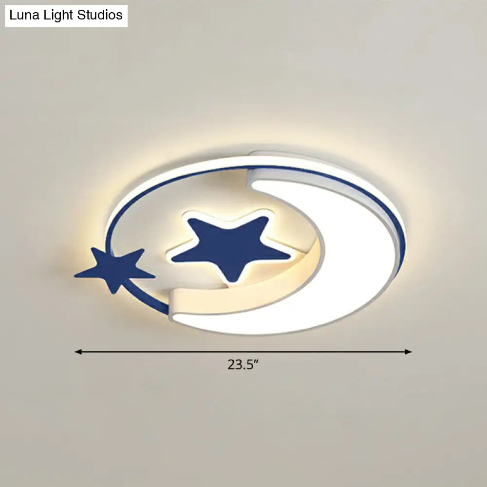 Stylish Kids Crescent And Star Metal Ceiling Light Fixture For Bedroom - Flush Mount Lamp With Ring