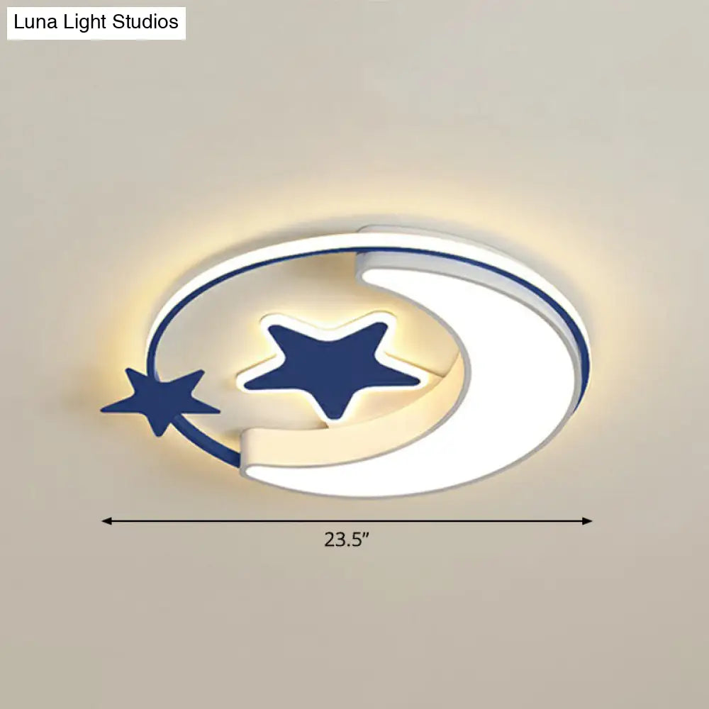 Stylish Kids Crescent And Star Metal Ceiling Light Fixture For Bedroom - Flush Mount Lamp With Ring