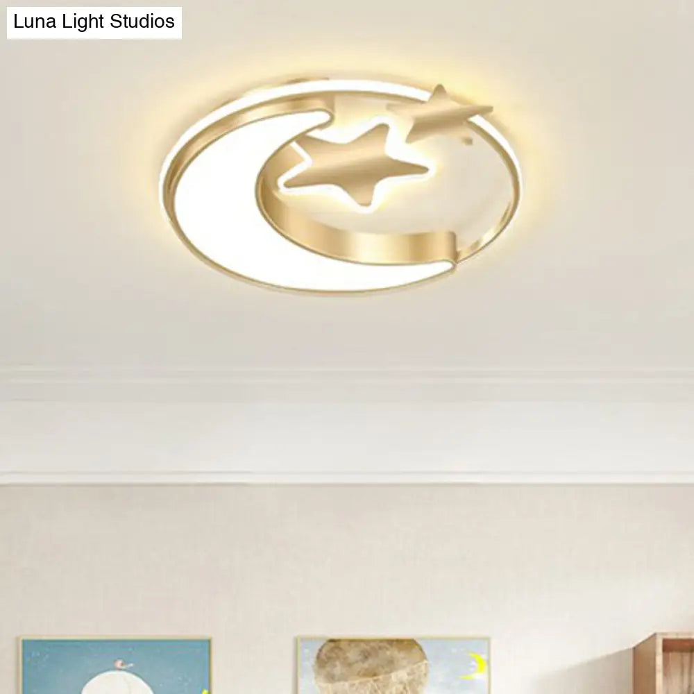 Stylish Kids Crescent And Star Metal Ceiling Light Fixture For Bedroom - Flush Mount Lamp With Ring