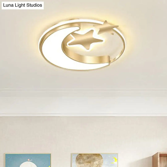 Stylish Kids Crescent And Star Metal Ceiling Light Fixture For Bedroom - Flush Mount Lamp With Ring