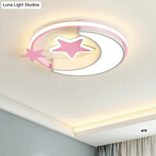 Stylish Kids Crescent And Star Metal Ceiling Light Fixture For Bedroom - Flush Mount Lamp With Ring