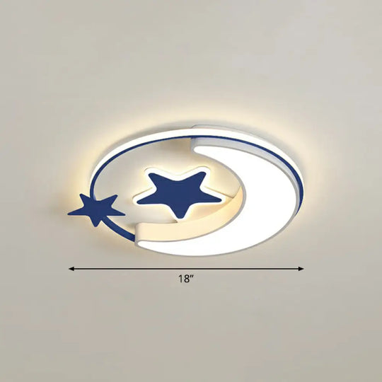 Stylish Kids Crescent And Star Metal Ceiling Light Fixture For Bedroom - Flush Mount Lamp With Ring