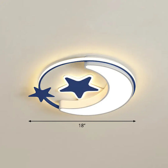 Stylish Kids Crescent And Star Metal Ceiling Light Fixture For Bedroom - Flush Mount Lamp With Ring