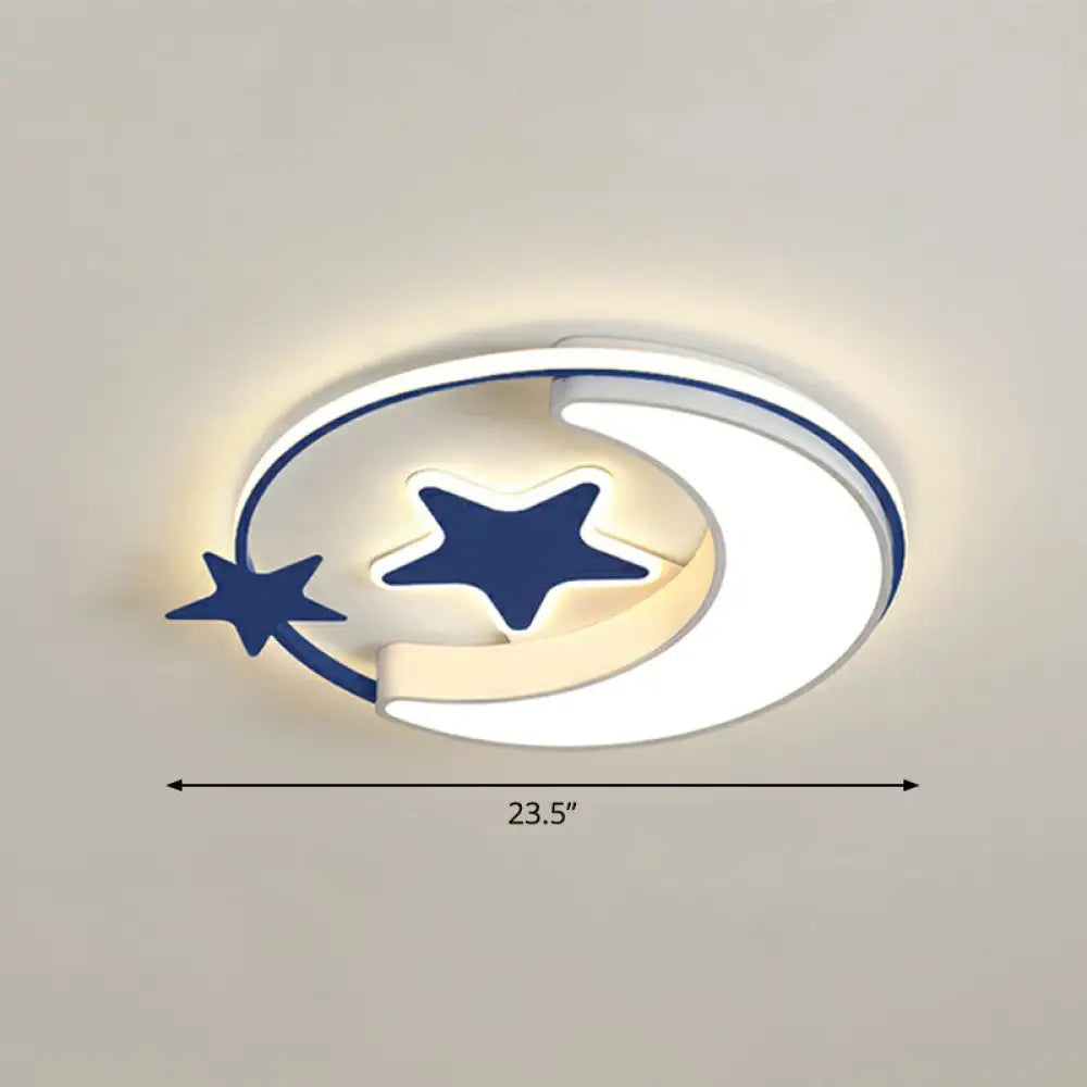 Stylish Kids Crescent And Star Metal Ceiling Light Fixture For Bedroom - Flush Mount Lamp With Ring