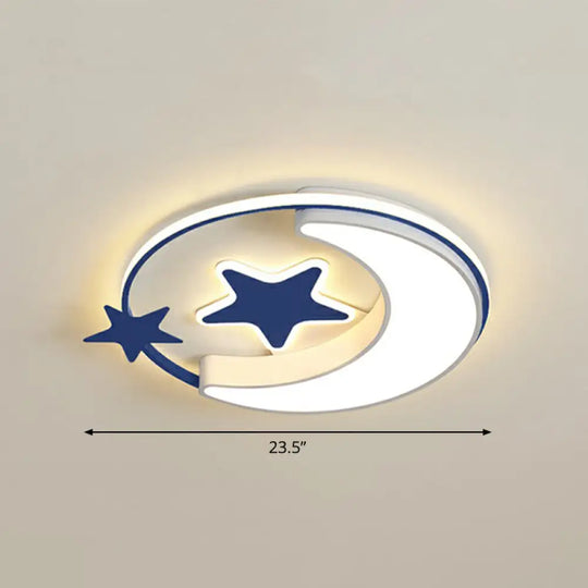 Stylish Kids Crescent And Star Metal Ceiling Light Fixture For Bedroom - Flush Mount Lamp With Ring