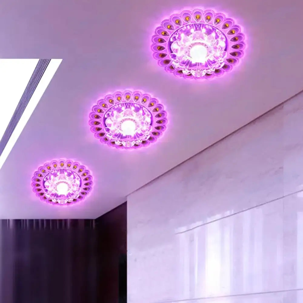 Stylish Led Ceiling Mount Light: Modern Flushmount Lighting With Flower Crystal Shade Clear / Purple