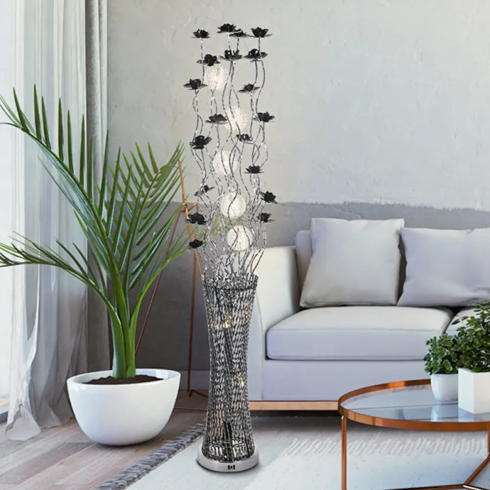 Stylish Led Floor Lamp With Black-Silver Finish Aluminum Tree-Like Design And Tower Shape Base