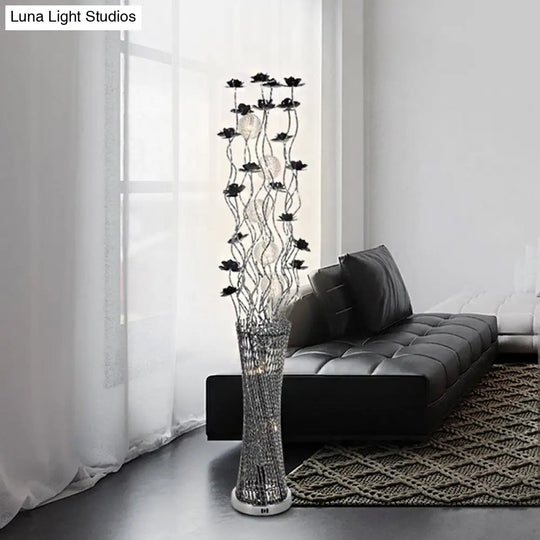 Stylish Led Floor Lamp With Black-Silver Finish Aluminum Tree-Like Design And Tower Shape Base