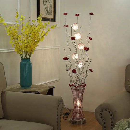 Stylish Led Vine Floor Lamp In Red - Pleated Vase Design Aluminum Construction Perfect For Reading