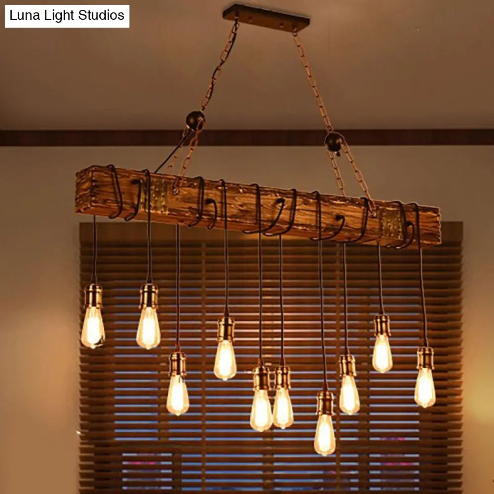 Stylish Linear Dining Room Island Lighting With Wooden Beam Design - Multi Light Brown Ceiling