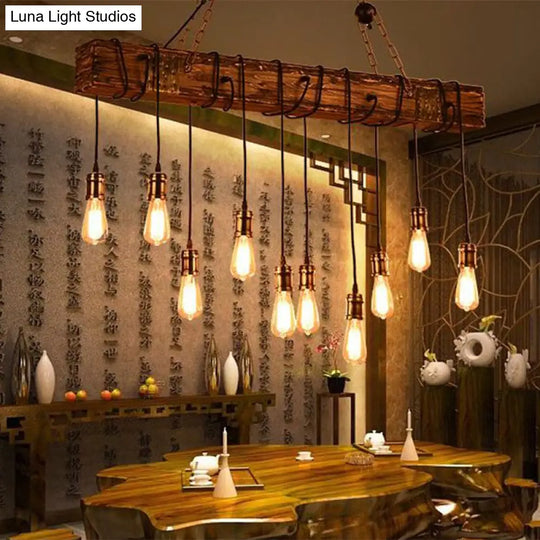 Stylish Linear Dining Room Island Lighting With Wooden Beam Design - Multi Light Brown Ceiling