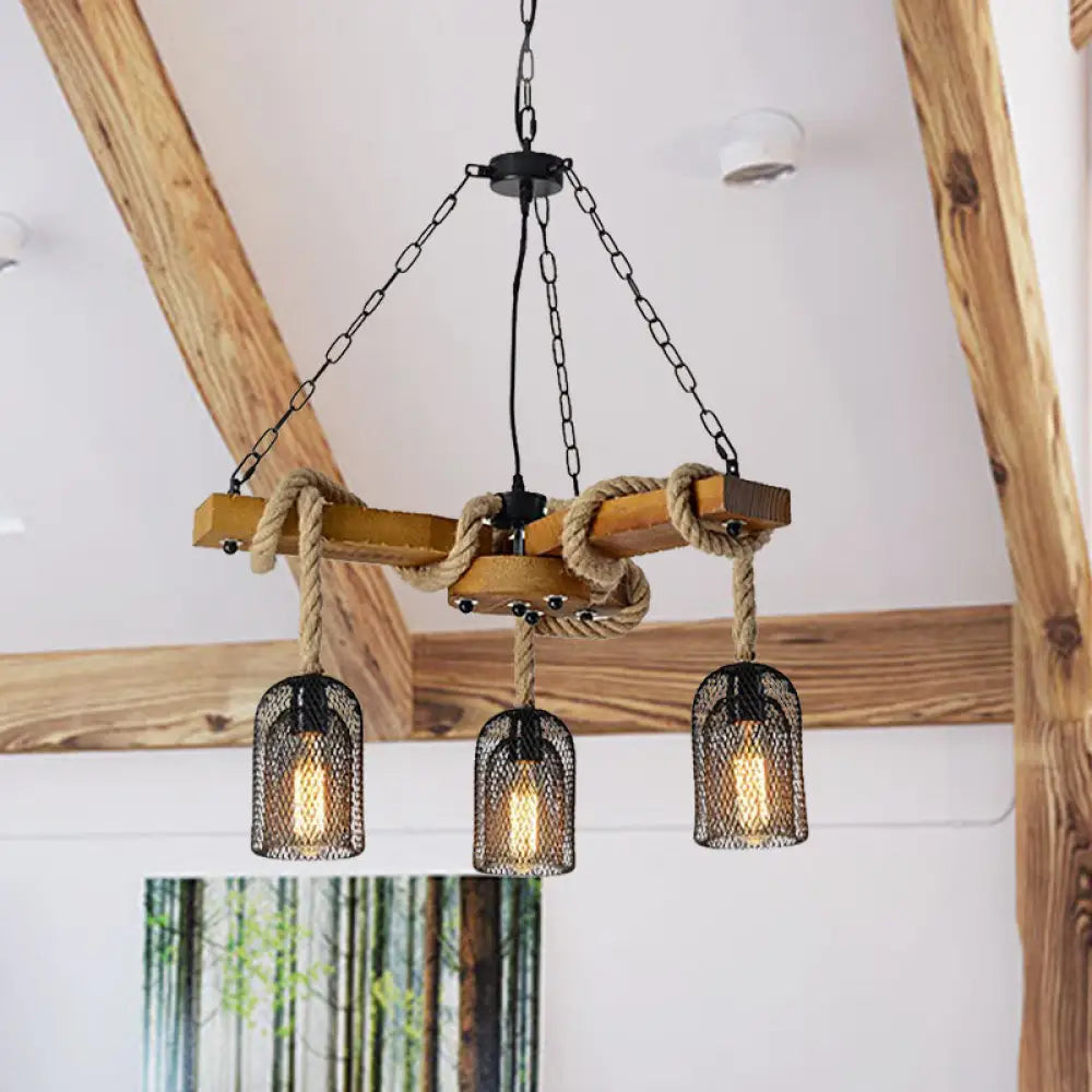 Stylish Lodge Pendant Lighting: Wood And Rope Ceiling Fixture With Wire Mesh 3/6 Lights Brown Base