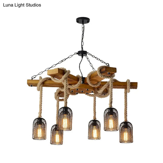 Lodge Style Pendant Light With Wire Mesh Wood And Rope - Brown Base 3/6 Lights