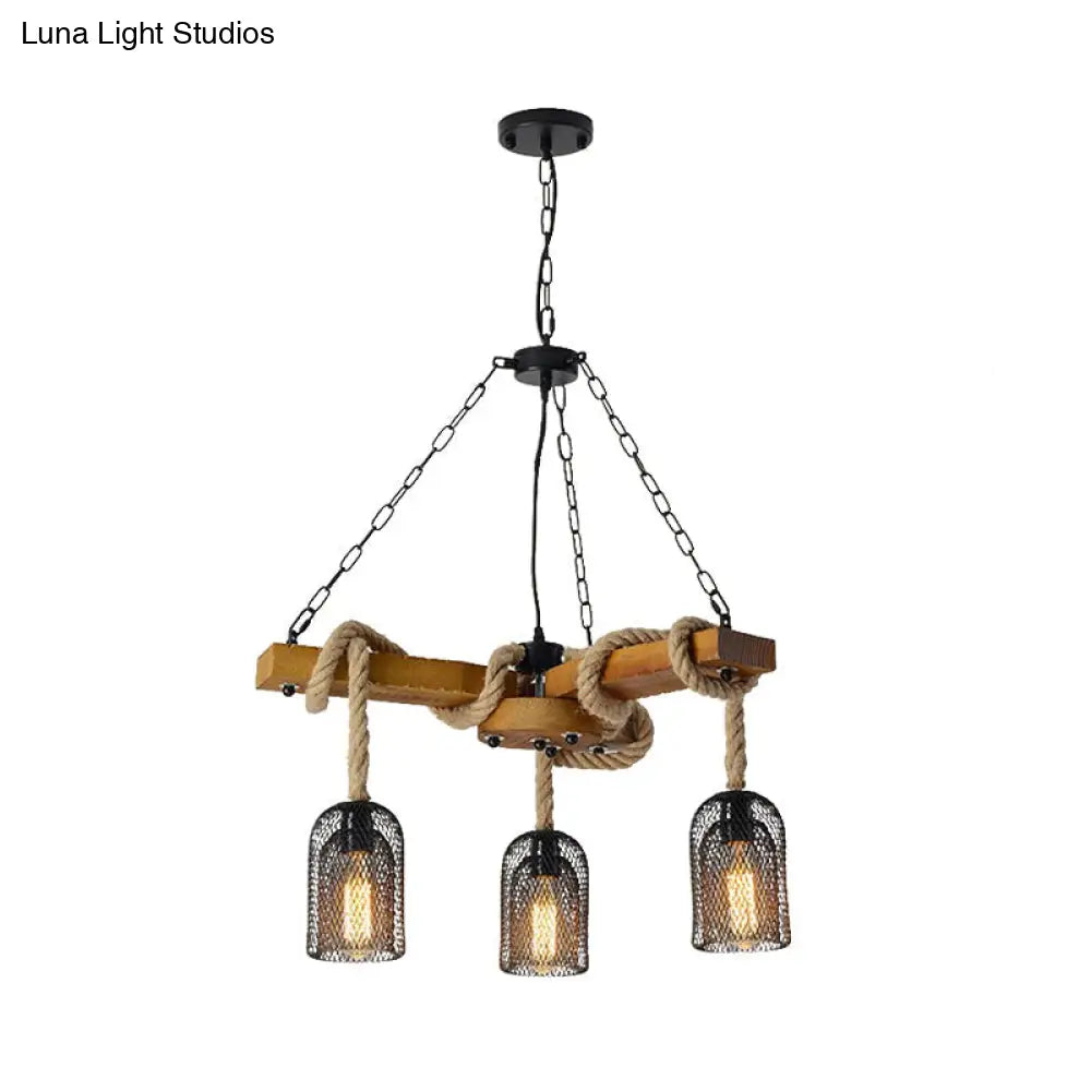 Lodge Style Pendant Light With Wire Mesh Wood And Rope - Brown Base 3/6 Lights