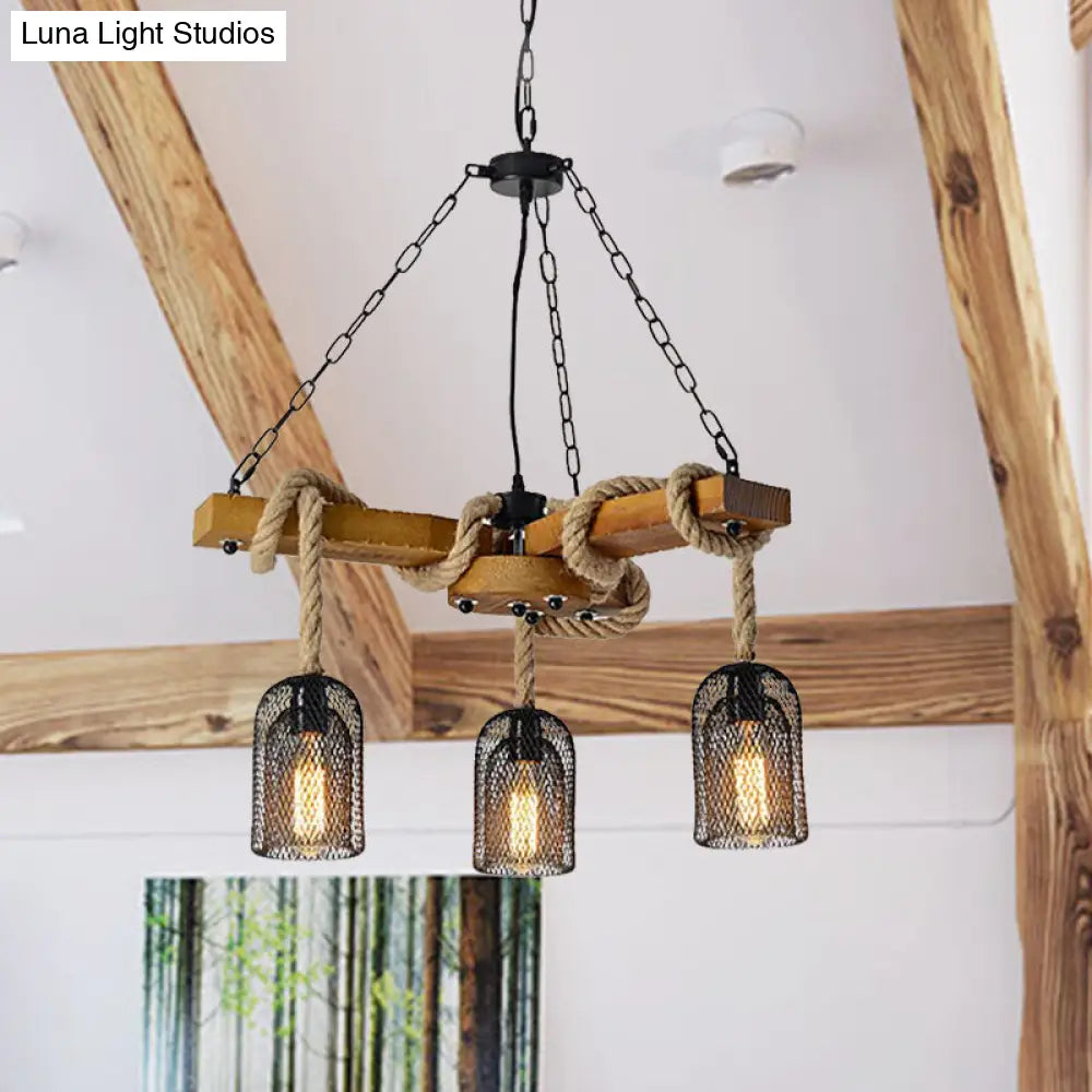Lodge Style Pendant Light With Wire Mesh Wood And Rope - Brown Base 3/6 Lights 3 /