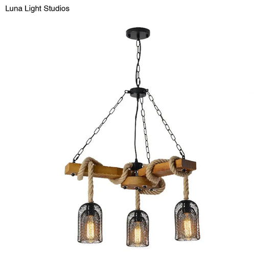 Stylish Lodge Pendant Lighting: Wood And Rope Ceiling Fixture With Wire Mesh 3/6 Lights Brown Base