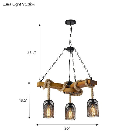 Stylish Lodge Pendant Lighting: Wood And Rope Ceiling Fixture With Wire Mesh 3/6 Lights Brown Base