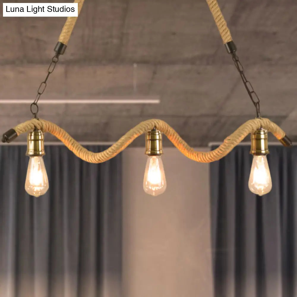 Stylish Loft Hanging Island Light With Exposed Bulbs Rope Design & 3 Lights In Beige For Dining Room