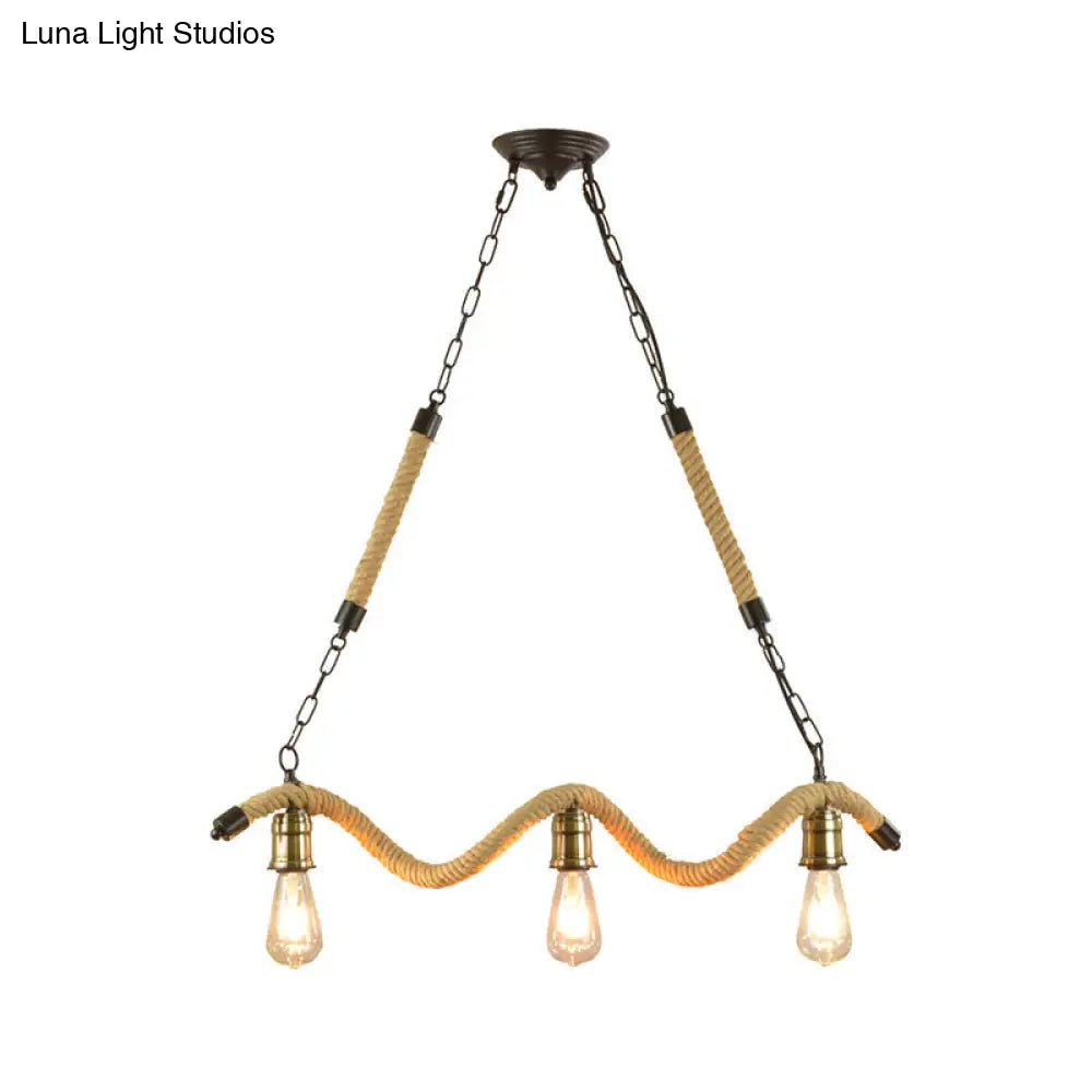 Stylish Loft Hanging Island Light With Exposed Bulbs Rope Design & 3 Lights In Beige For Dining Room