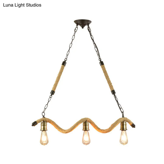 Stylish Loft Hanging Island Light With Exposed Bulbs Rope Design & 3 Lights In Beige For Dining Room