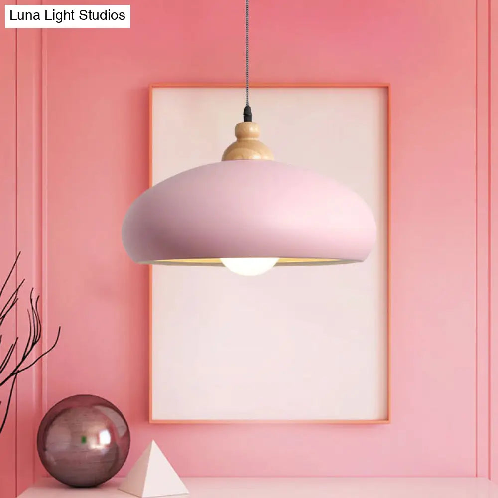 Stylish Macaron Bowl Pendant Light: Metal Hanging Fixture Single Bulb Wooden Cap (Grey/Pink/Green)