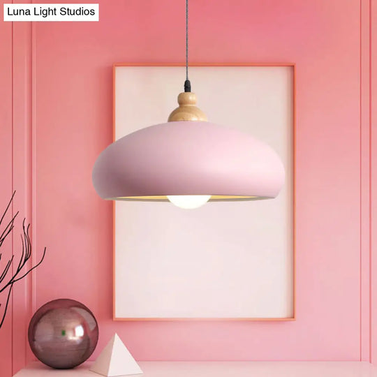 Stylish Macaron Bowl Pendant Light: Metal Hanging Fixture Single Bulb Wooden Cap (Grey/Pink/Green)