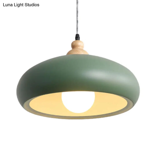 Stylish Macaron Bowl Pendant Light: Metal Hanging Fixture Single Bulb Wooden Cap (Grey/Pink/Green)