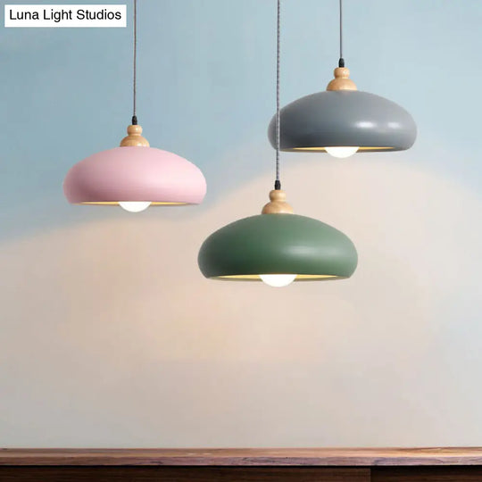 Stylish Macaron Pendant Light With Wooden Cap - Metal Fixture 1 Bulb Grey/Pink/Green Green