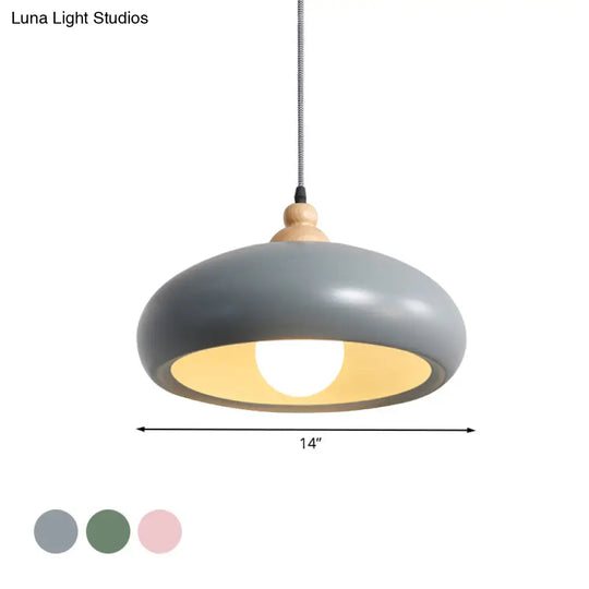 Stylish Macaron Pendant Light With Wooden Cap - Metal Fixture 1 Bulb Grey/Pink/Green