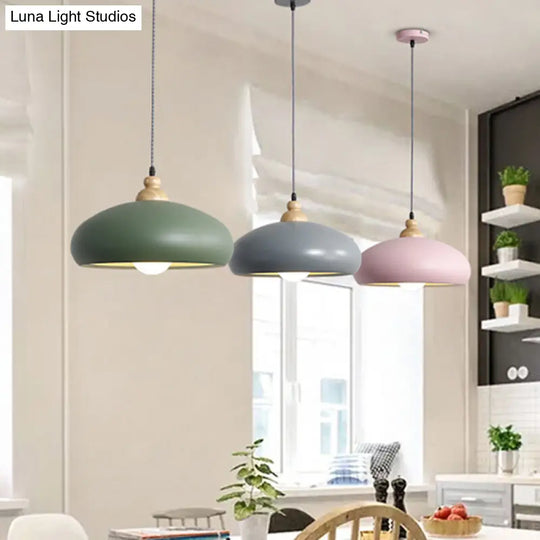 Stylish Macaron Pendant Light With Wooden Cap - Metal Fixture 1 Bulb Grey/Pink/Green Pink