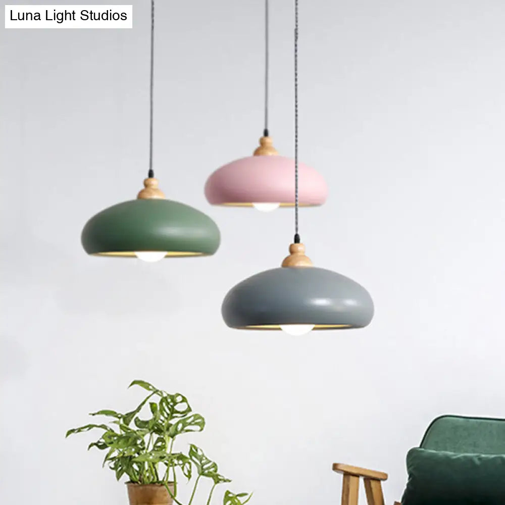 Stylish Macaron Pendant Light With Wooden Cap - Metal Fixture 1 Bulb Grey/Pink/Green Grey