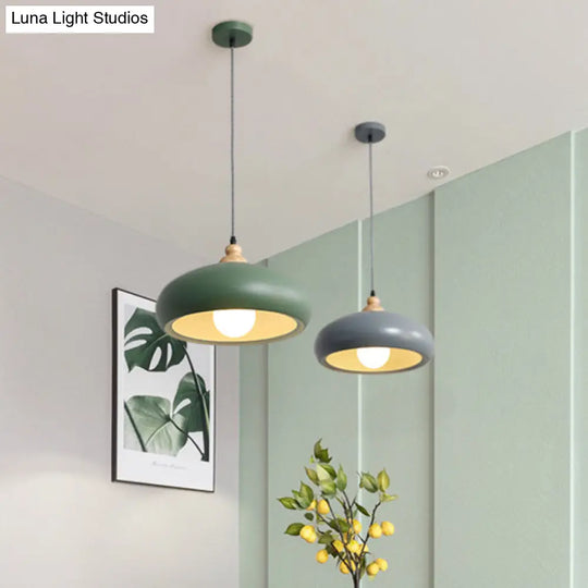 Stylish Macaron Bowl Pendant Light: Metal Hanging Fixture Single Bulb Wooden Cap (Grey/Pink/Green)