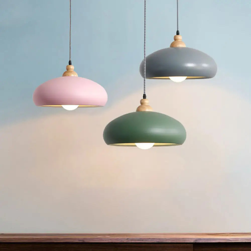 Stylish Macaron Bowl Pendant Light: Metal Hanging Fixture Single Bulb Wooden Cap (Grey/Pink/Green)