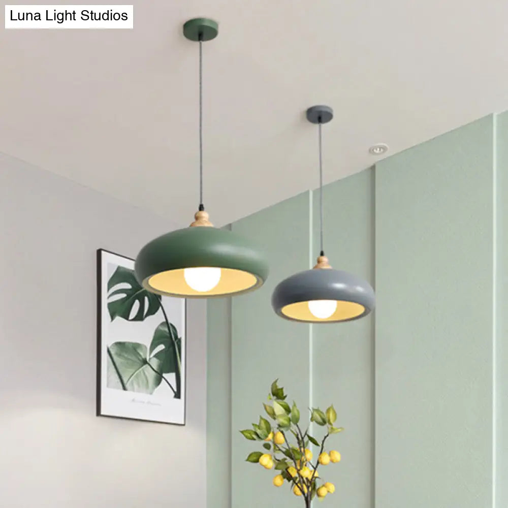 Stylish Macaron Pendant Light With Wooden Cap - Metal Fixture 1 Bulb Grey/Pink/Green