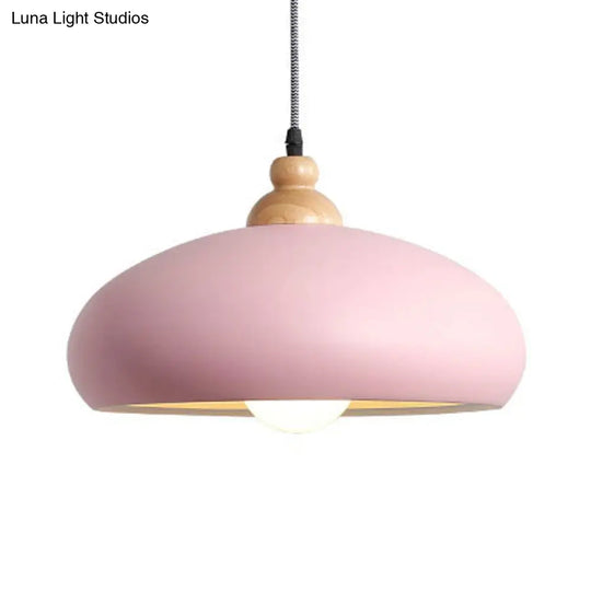 Stylish Macaron Bowl Pendant Light: Metal Hanging Fixture Single Bulb Wooden Cap (Grey/Pink/Green)