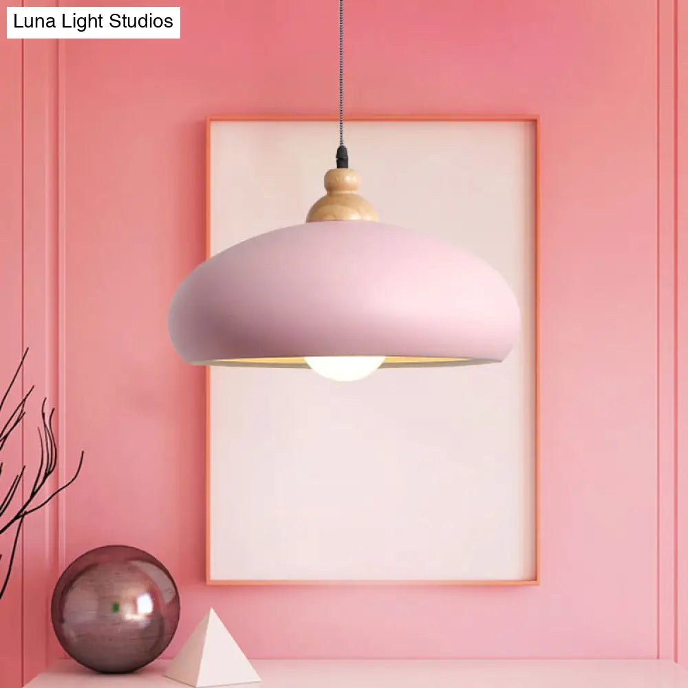 Stylish Macaron Pendant Light With Wooden Cap - Metal Fixture 1 Bulb Grey/Pink/Green