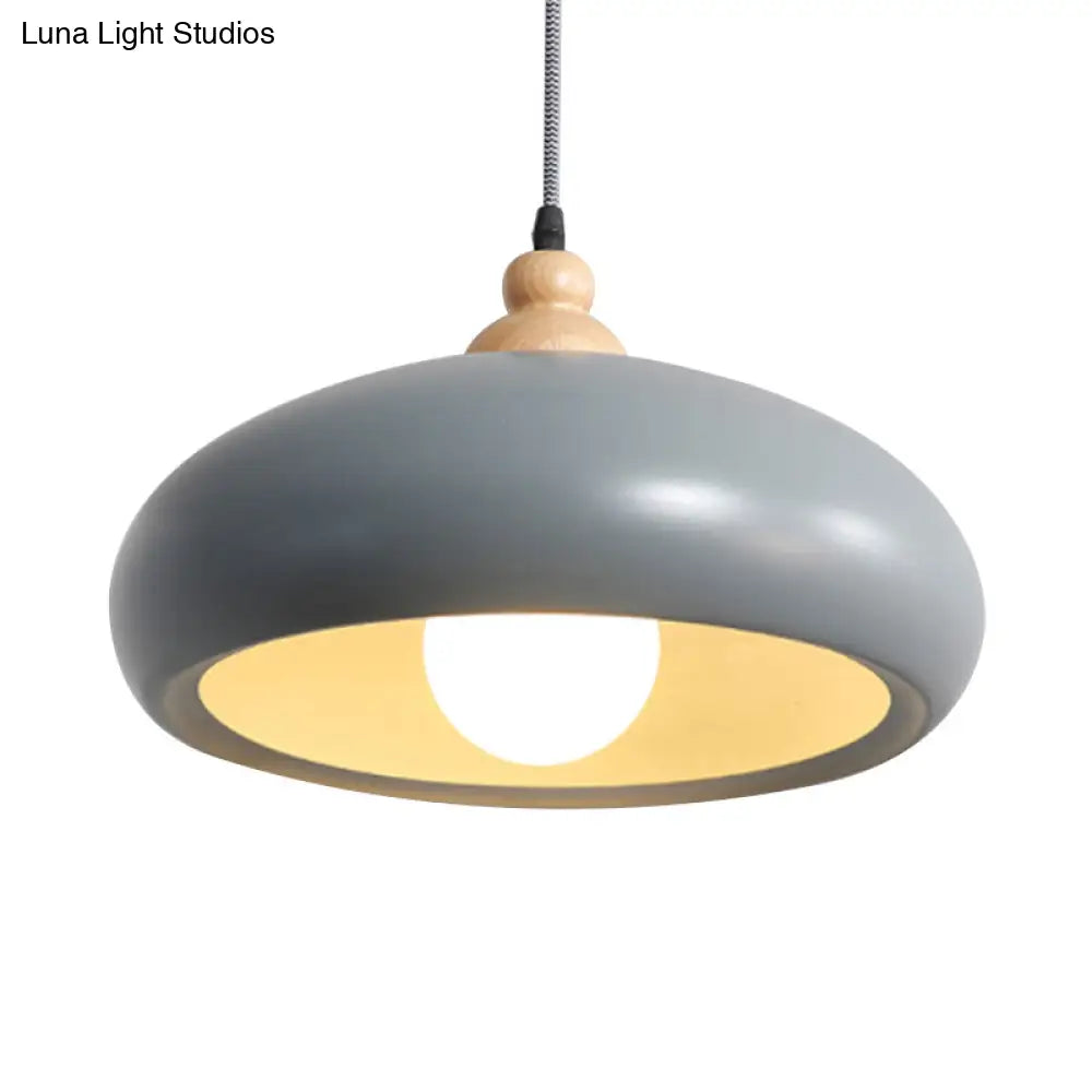 Stylish Macaron Bowl Pendant Light: Metal Hanging Fixture Single Bulb Wooden Cap (Grey/Pink/Green)