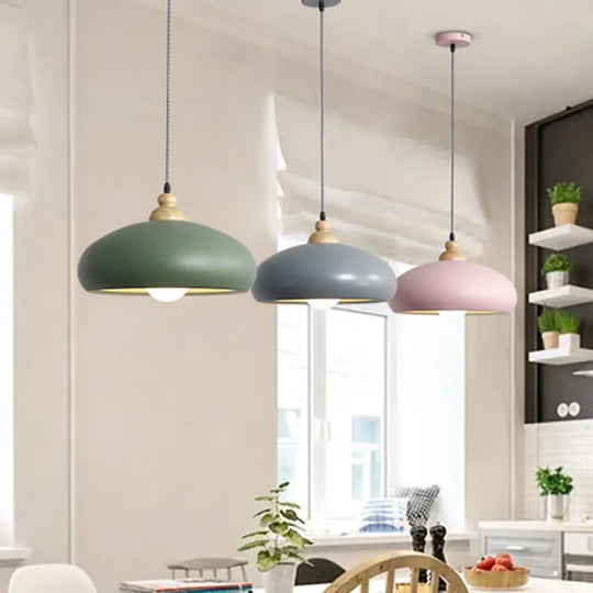 Stylish Macaron Bowl Pendant Light: Metal Hanging Fixture Single Bulb Wooden Cap (Grey/Pink/Green)