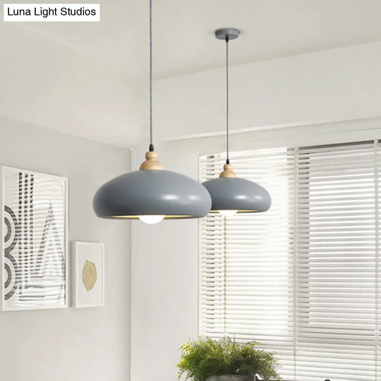 Stylish Macaron Bowl Pendant Light: Metal Hanging Fixture Single Bulb Wooden Cap (Grey/Pink/Green)