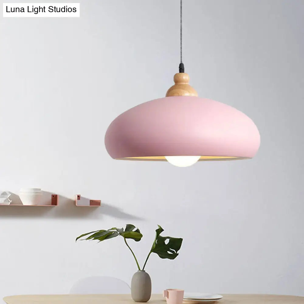 Stylish Macaron Pendant Light With Wooden Cap - Metal Fixture 1 Bulb Grey/Pink/Green