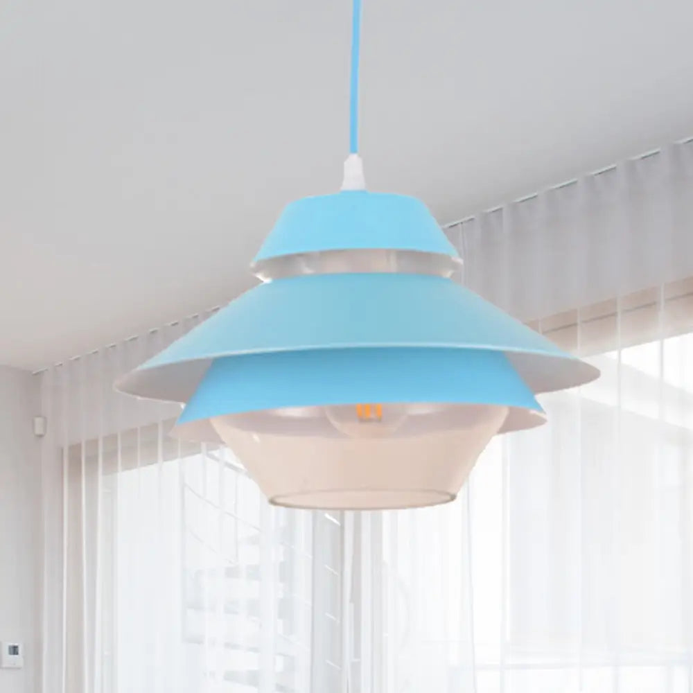 Stylish Macaron Flared Pendant Light - 1-Light Metal Ceiling Lamp For Living Room In Blue/Green Blue