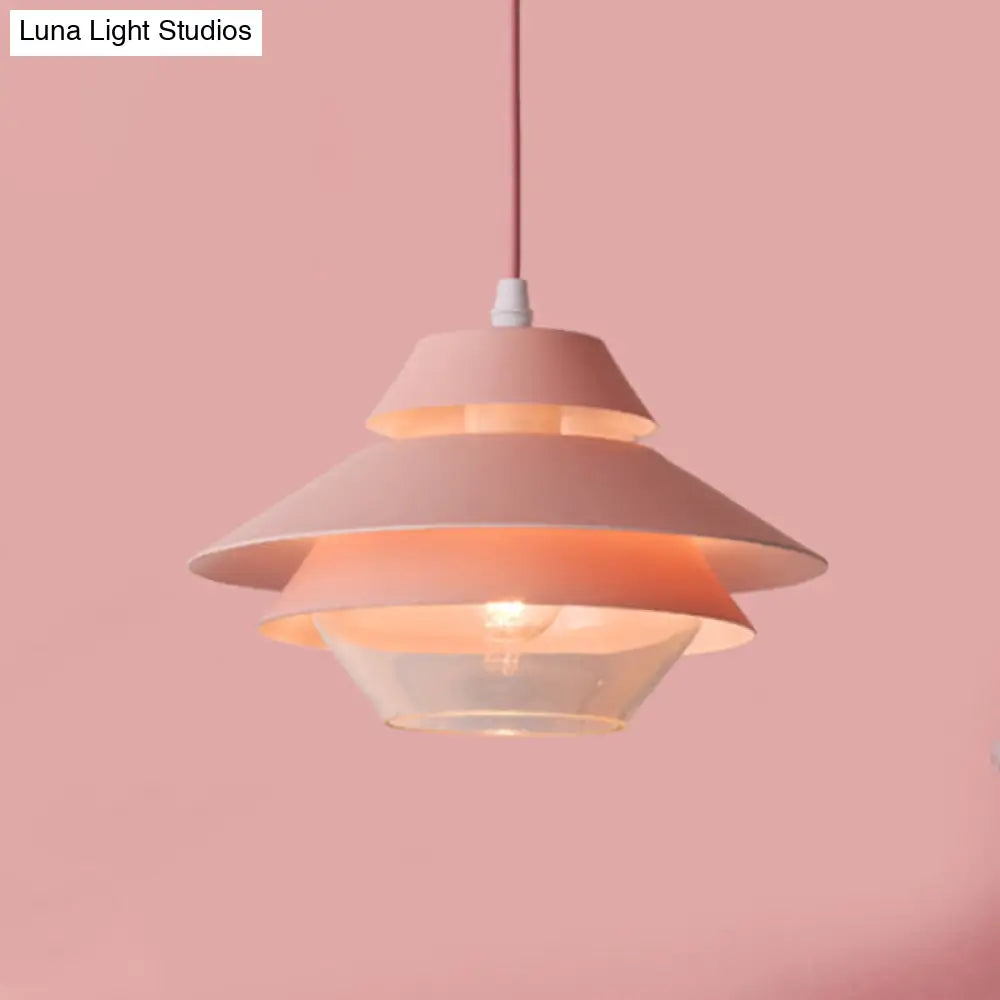 Stylish Macaron Pendant Light In Blue/Green For Living Room - 1 Metallic Hanging Ceiling Lamp Pink