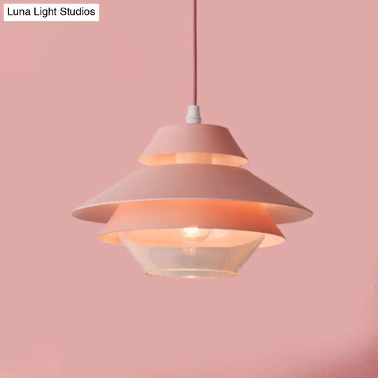 Stylish Macaron Pendant Light In Blue/Green For Living Room - 1 Metallic Hanging Ceiling Lamp Pink