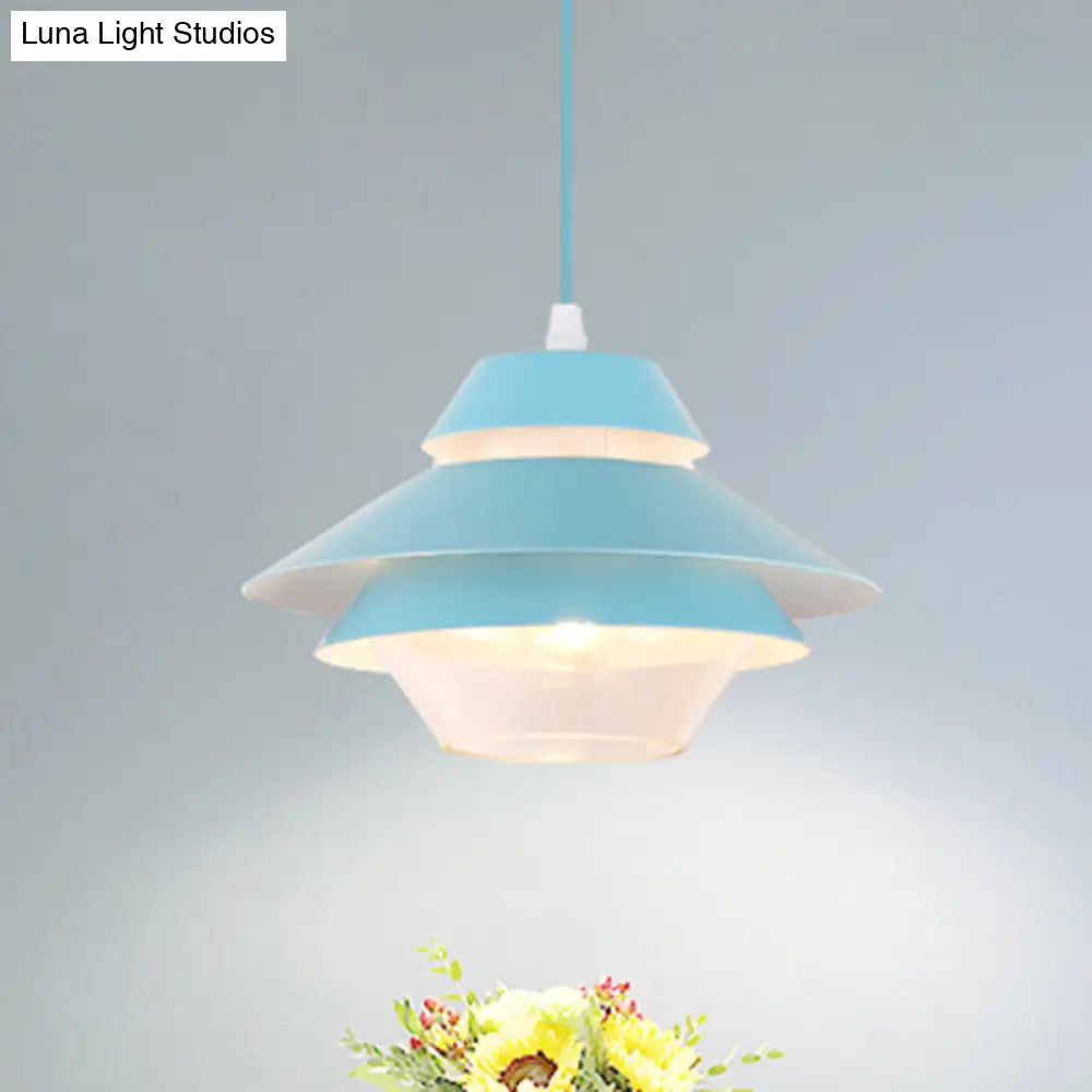 Stylish Macaron Flared Pendant Light - 1-Light Metal Ceiling Lamp For Living Room In Blue/Green